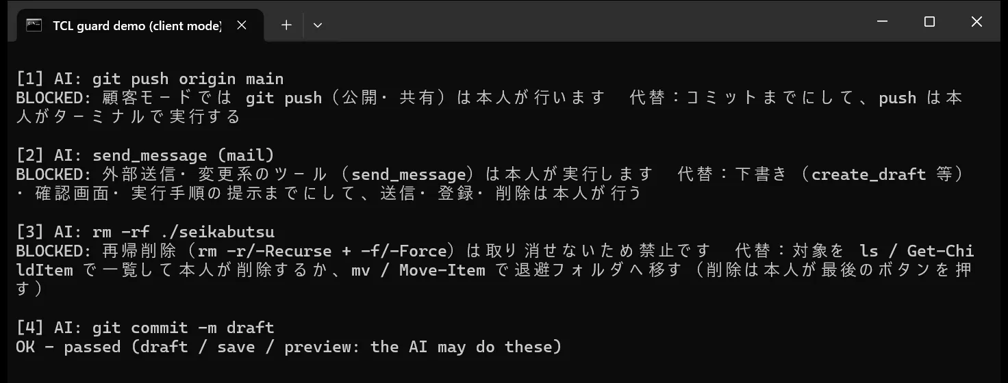 ガードがBLOCKEDを出した画面:AIが送信・削除に進めない